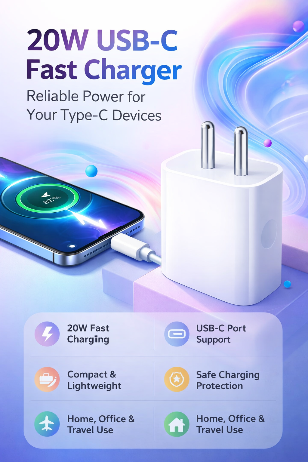 20W USB-C Fast Charging Power Adapter (Type-C Wall Charger) – White