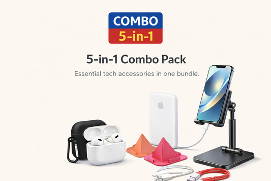 5-in-1 Mobile Accessories Combo Pack – Earbuds, Power Bank, Cable & Phone Stands Bundle