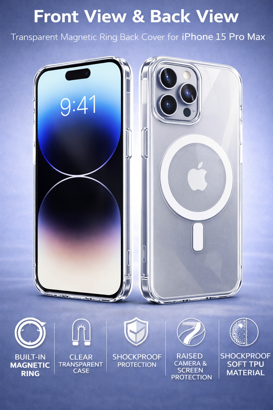 Transparent Magnetic Ring Back Cover for iPhone 15 Pro Max – Shockproof Clear Case (MagSafe Compatible)