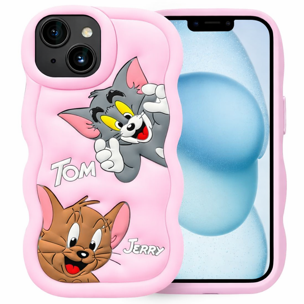 Tom & Jerry Cute Pink Silicone Back Cover for iPhone 15 Pro Max – Soft Shockproof Cartoon Case