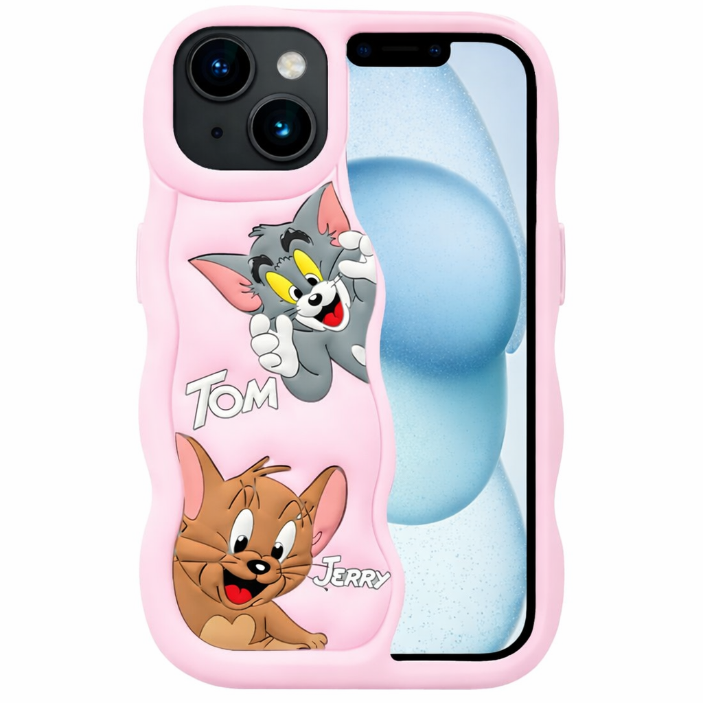Tom & Jerry Cute Pink Silicone Back Cover for iPhone 15 Pro Max – Soft Shockproof Cartoon Case