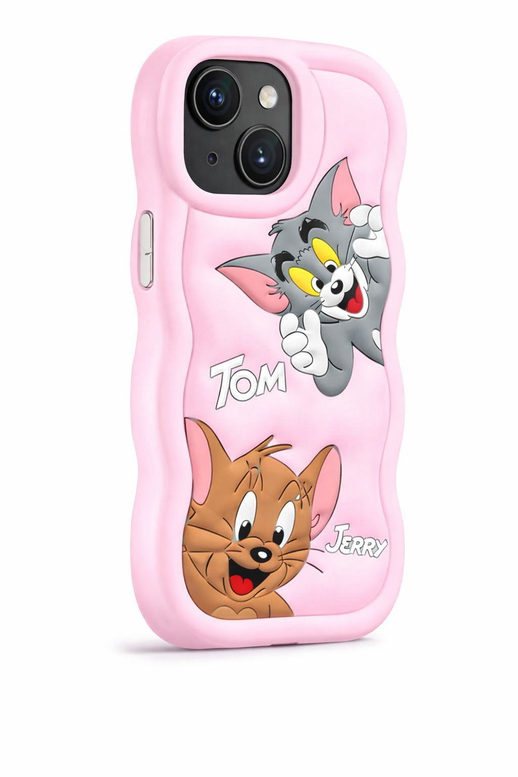 Tom & Jerry Cute Pink Silicone Back Cover for iPhone 15 Pro Max – Soft Shockproof Cartoon Case